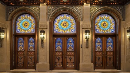 Fototapeta premium Ornate doors, stained glass, Islamic architecture, interior hallway
