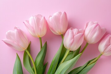 Fototapeta premium Pink Tulips: A captivating arrangement of delicate pink tulips, stems standing elegantly against a gradient pink background. Capturing the essence of springtime, elegance and beauty.