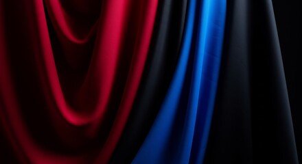 Rich crimson blue black fabrics dramatically draped low light setting. AI Generated