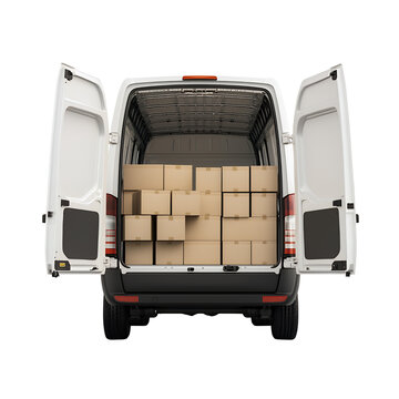 White delivery van with open doors revealing numerous cardboard boxes on a transparent background, concept for logistics, transportation, and shipping industry