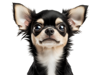 Close-up portrait of a cute chihuahua puppy with black and tan fur on a transparent background, concept for pet photography, animal websites, and veterinary clinics