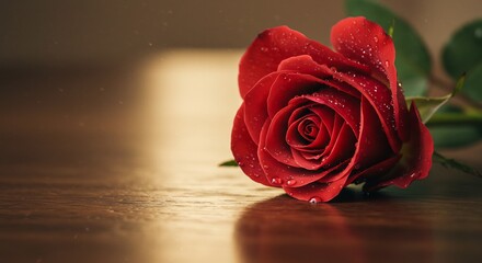 Single Red Rose Softly Lit Warm Wood Background. AI Generated