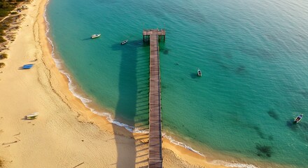 Aerial View Tranquil Beach Pier Long Shadow Turquoise Waters. AI Generated