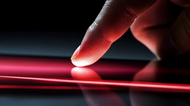 Closeup of a smartphones fingerprint scanner as a finger approaches capturing the delicate details of the skin and the sensors polished surface reflecting ambient light.