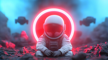 Astronaut in Red Neon Light on Alien Planet