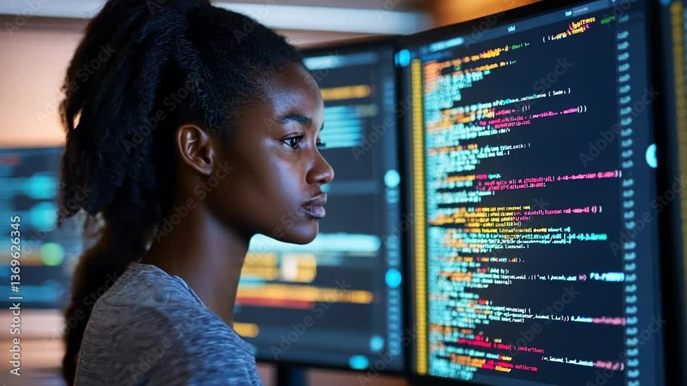 Poster young female programmer is working on new cyber security system code. sitting in front of big comput