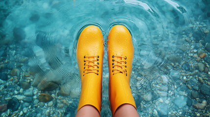 Naklejka premium a pair of bright yellow rain boots submerged in clear water with ripples, viewed from above, conveying themes of rainy weather, outdoor activities,