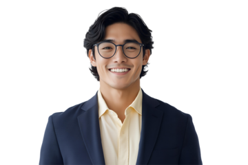 Smiling Asian man in glasses wearing a navy blue blazer and light yellow shirt on transparent background, concept for business portrait, corporate profile, and professional headshot