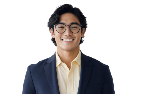 Smiling Asian man in glasses wearing a navy blue blazer and light yellow shirt on transparent background, concept for business portrait, corporate profile, and professional headshot