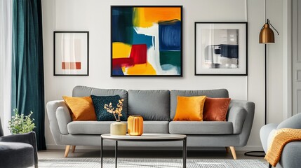 Modern living room with colorful abstract art.