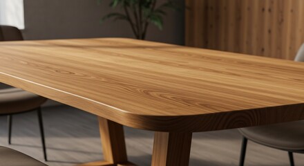 Warm light illuminates smooth wood grain of elegant dining table. AI Generated