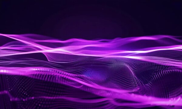 Abstract purple digital waves with light reflections on dark background. Purple cinematic intro animation. Shiny particle waves. Technology, space. 4k 60fps loop.
