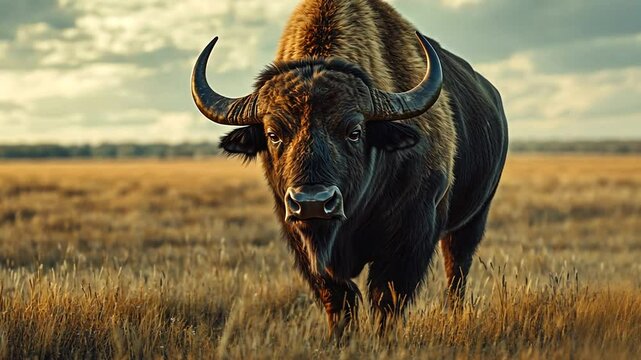 Magnificent Bison Grazing in Golden Prairie at Sunset - Captivating Wildlife Scene