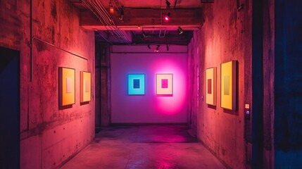 Obraz premium Empty illuminated gallery hallway with colorful abstract art displayed on a pale pink wall.