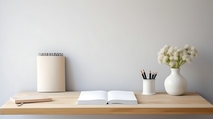Minimalist Workspace Featuring Open Book and Flowers
