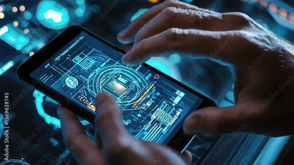 Poster hands using a smartphone with a futuristic holographic interface, displaying data analysis and cyber