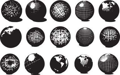 Black spheres, Globe grid, 3d sphere, wires earth, network, vector isolated set, Spheres,Sphere Optic Illusion Stencil Model vector art.