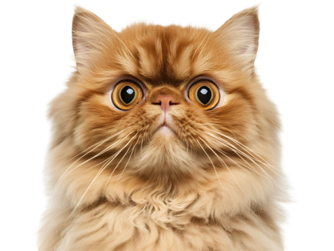 Close-up of a fluffy ginger Persian cat with wide, expressive eyes on a transparent background, concept for pet photography, veterinary websites, and animal-themed designs