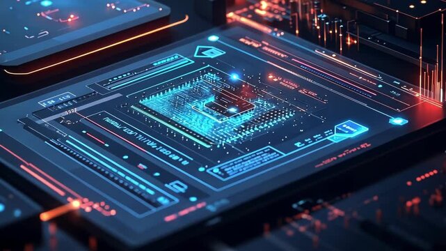 Complex digital interface displaying security measures. Highlighting data protection and encryption within a futuristic technological environment. Ensuring confidentiality and integrity in cyberspace