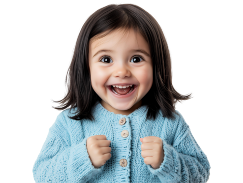 A portrait of a joyful little girl with dark hair wearing a light blue knitted cardigan against a transparent background, concept for children's fashion, apparel, and advertising campaigns