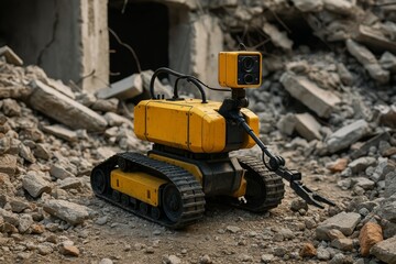 A compact robotic vehicle exploring a debris-strewn site, showcasing modern innovation.