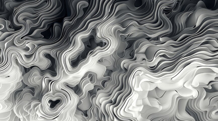 Fototapeta premium Abstract grayscale topography art depicting layered undulating forms creating a mesmerizing 3D illusion with textured grayscale gradients and