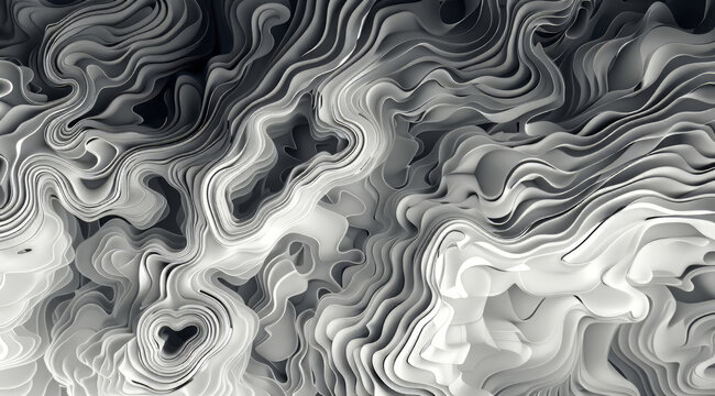 Abstract grayscale topography art depicting layered undulating forms creating a mesmerizing 3D illusion with textured grayscale gradients and