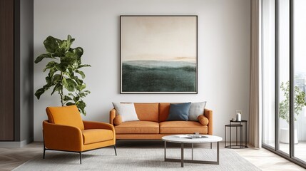Modern living room with orange couch, armchair, and abstract art.