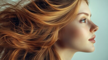 Fototapeta premium Profile portrait of a young woman with flowing red hair and clear skin. Ideal for beauty, hair care ads, or anything about natural beauty.