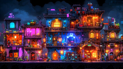 Vibrant Pixel Art Cityscape at Night with Glowing Windows and Colorful Facades in Retro Style