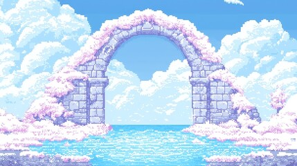 Fantasy seascape with half-sunken stone arch by the shore, foamy waves, glowing tide pools, pastel aquamarine and pearl white hues, serene and magical pixel art RPG style