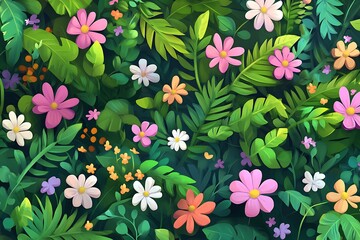 Cheerful floral pattern with lush greenery and colorful flowers creating a vibrant background