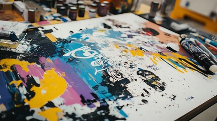 Abstract colorful art piece in progress on a table with paint supplies.