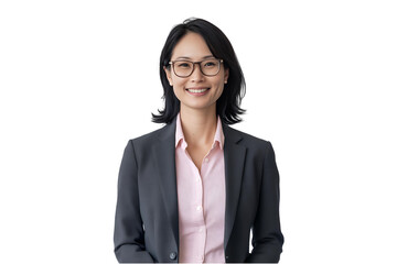 Smiling Asian businesswoman wearing glasses and a dark gray blazer over a light pink shirt on transparent background, concept for corporate profile, business portrait, professional headshot