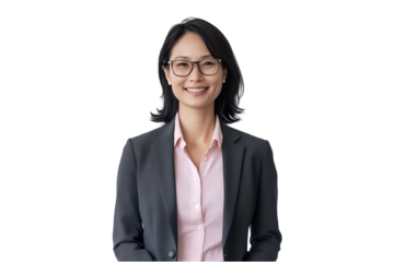 Smiling Asian businesswoman wearing glasses and a dark gray blazer over a light pink shirt on transparent background, concept for corporate profile, business portrait, professional headshot