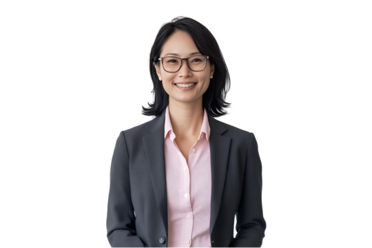 Smiling Asian businesswoman wearing glasses and a dark gray blazer over a light pink shirt on transparent background, concept for corporate profile, business portrait, professional headshot