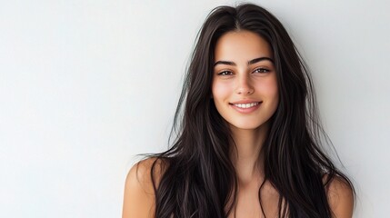 Smiling Woman with Long Dark Hair Posing Against a Light Background