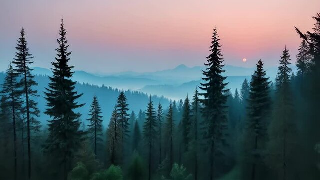Majestic Sunset Over Misty Mountain Ranges and Evergreen Forest Serene Landscape