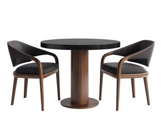 Dark speckled round table with two dark grey upholstered chairs on a transparent background, concept for cafe interior design, restaurant furniture, and home decor