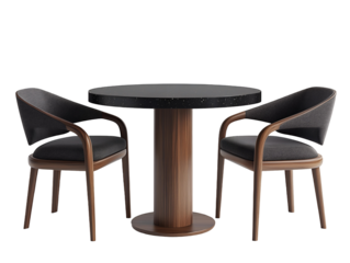 Dark speckled round table with two dark grey upholstered chairs on a transparent background, concept for cafe interior design, restaurant furniture, and home decor