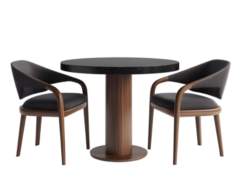 Dark speckled round table with two dark grey upholstered chairs on a transparent background, concept for cafe interior design, restaurant furniture, and home decor