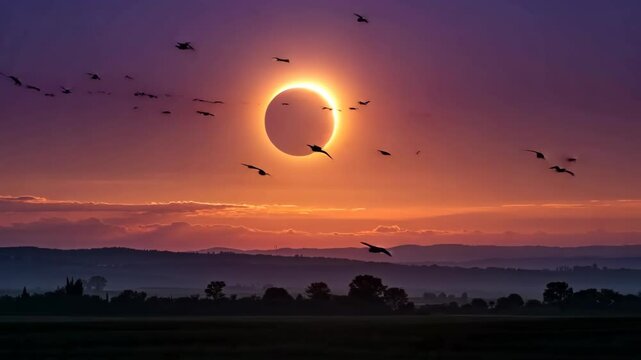 Majestic Solar Eclipse Enveloped by Birds During a Purple Sunset