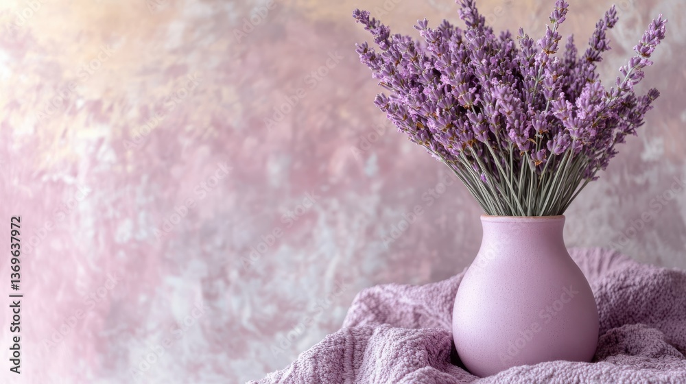 Poster Lavender bouquet in a soft lavender vase on a textured background creating a calming atmosphere