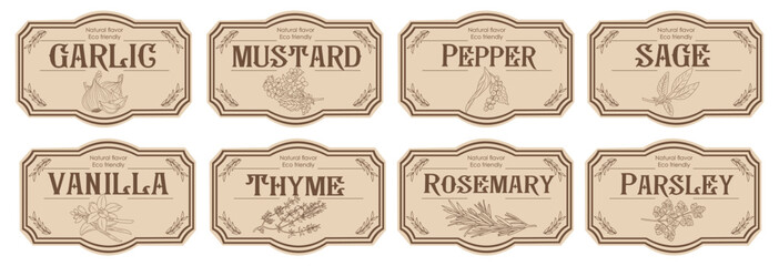 Set of spice jar labels with herbs sketches, pepper, mustard, garlic, thyme, rosemary, parsley. Packaging and labeling template. Organic, natural flavor kitchen stickers. Vintage vector illustrations