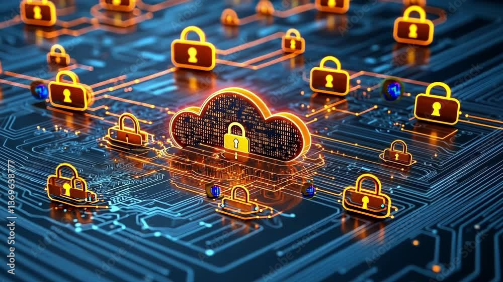 Poster orange glowing padlocks securing cloud computing data, representing the vital concepts of cybersecur