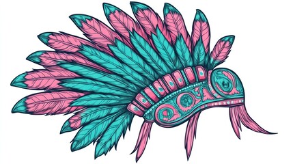 Fototapeta premium Pink teal headdress; Native American art; design element; fashion; illustration