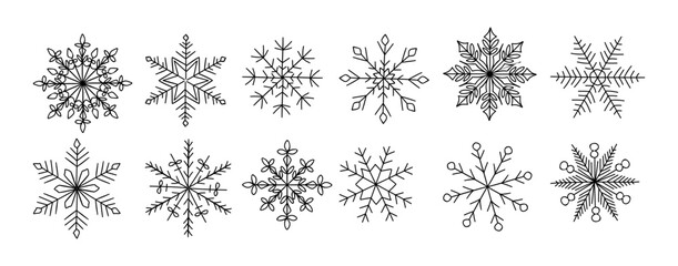 Set of different Abstract snowflakes. Winter snow. Christmas design elements for Overlay, banner, card, invitation. Hand drawn black outline illustrations isolated