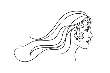 Elegant Woman Profile, Ornate Headband, Flowing Hair, Line Art, Design, Illustration, Ethnic, Patter