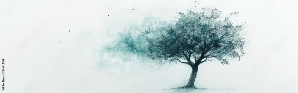 Poster minimalist silhouette of a tree captured in delicate pencil strokes with a soft watercolor backgroun