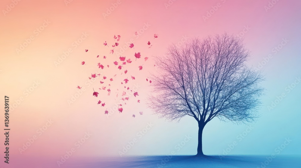 Poster minimalist silhouette of a tree with falling leaves against a pastel gradient background during autu
